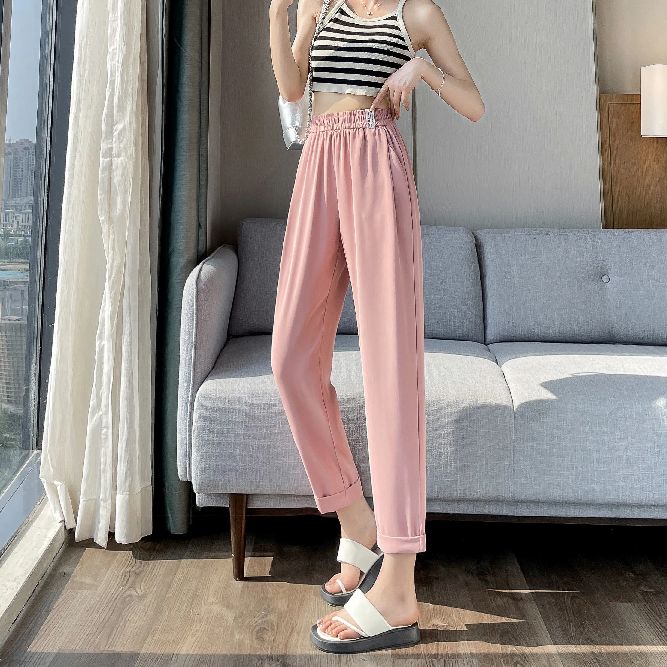Casual Draping Straight-Leg Silky Harem Ankle Cut Pants