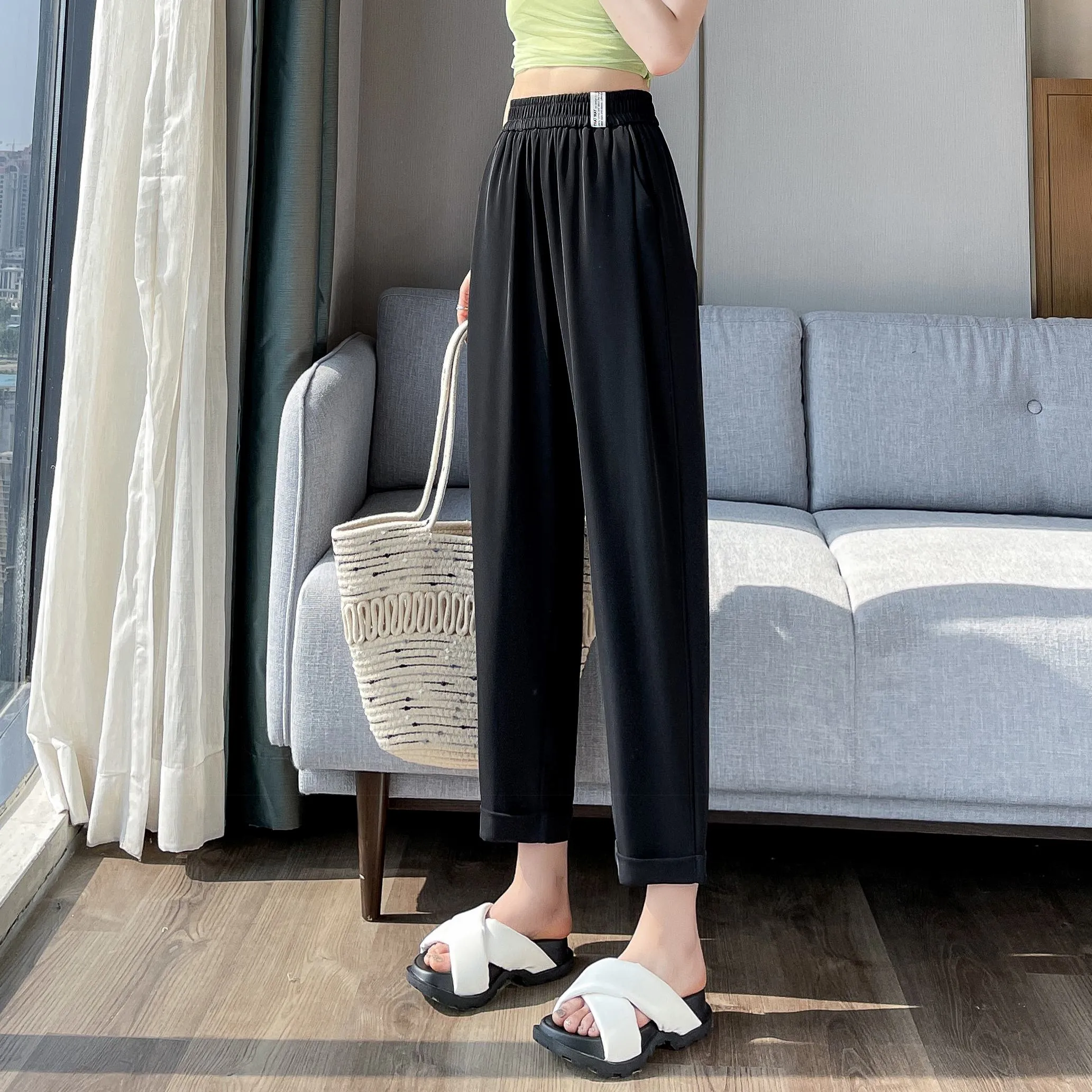 Casual Draping Straight-Leg Silky Harem Ankle Cut Pants
