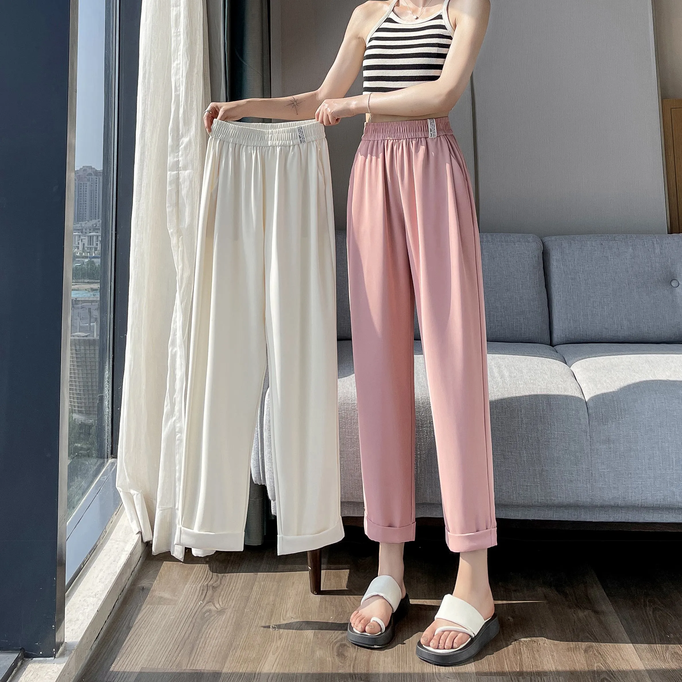 Casual Draping Straight-Leg Silky Harem Ankle Cut Pants