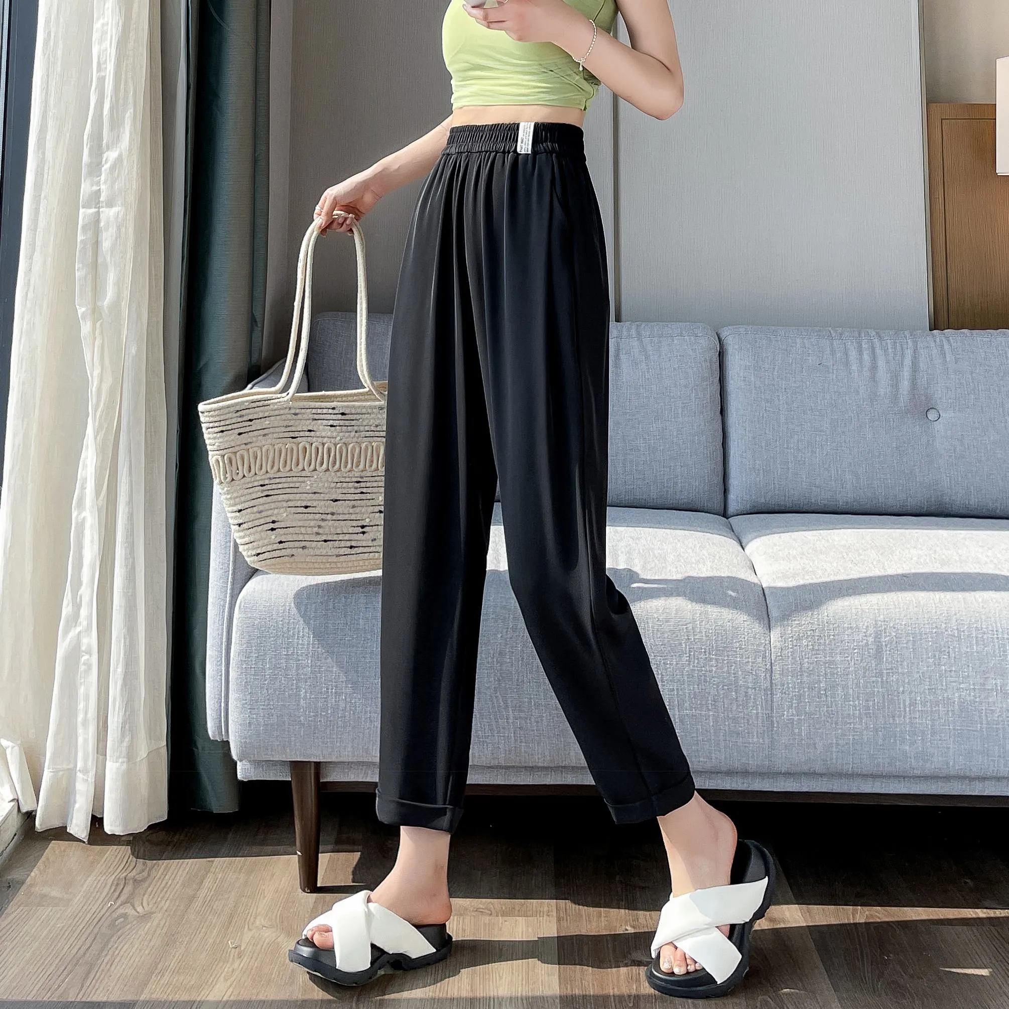 Casual Draping Straight-Leg Silky Harem Ankle Cut Pants