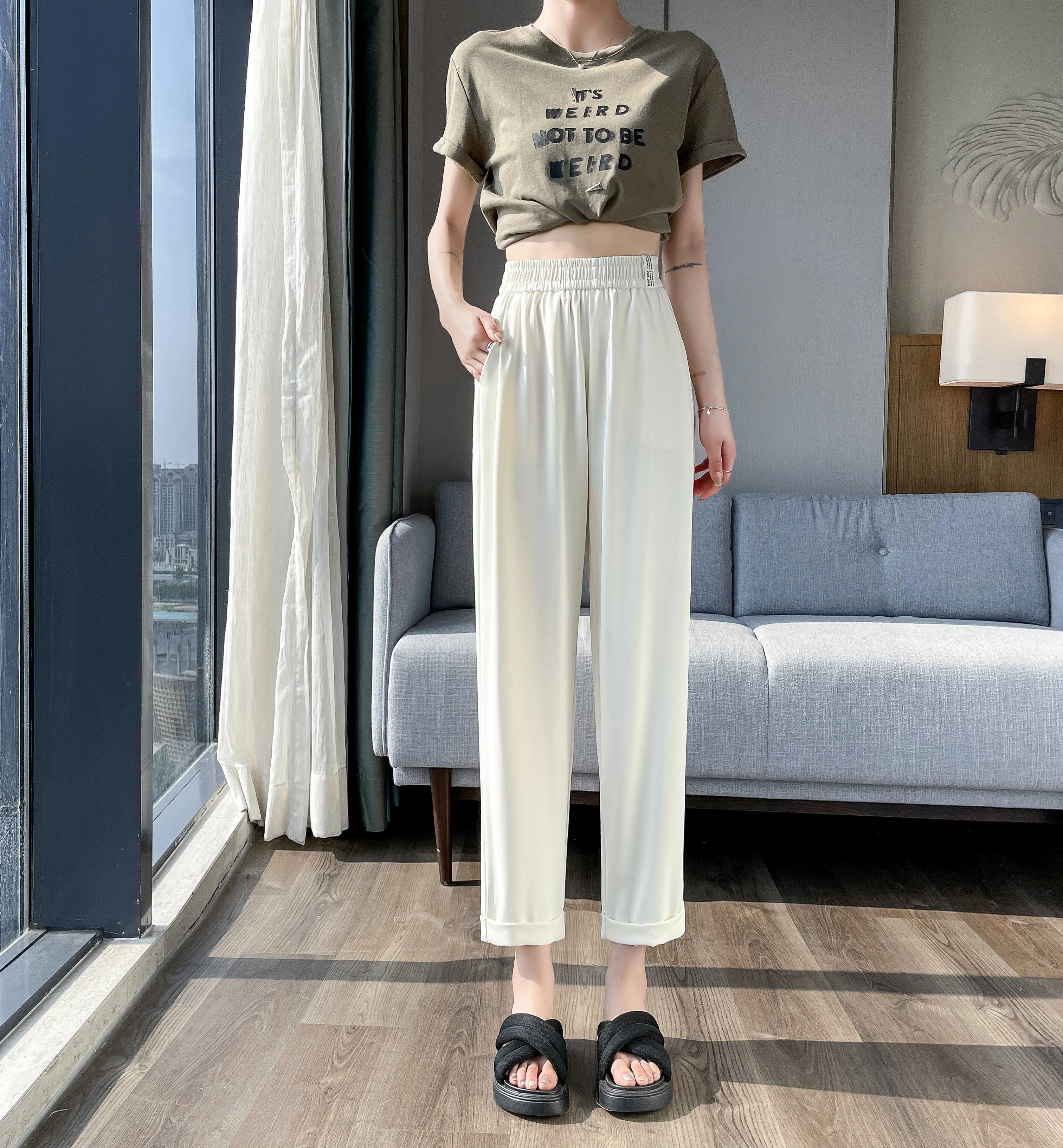 Casual Draping Straight-Leg Silky Harem Ankle Cut Pants