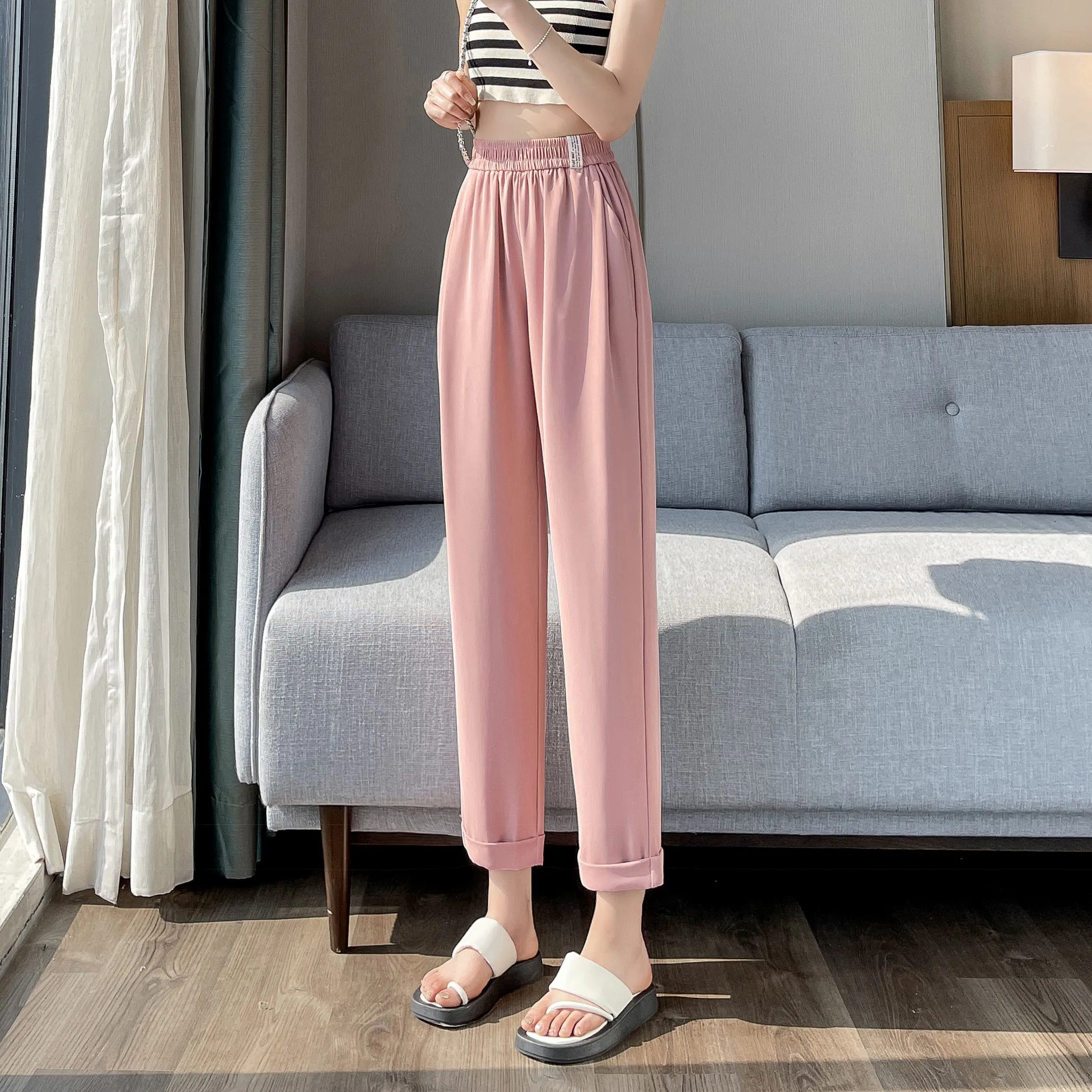 Casual Draping Straight-Leg Silky Harem Ankle Cut Pants