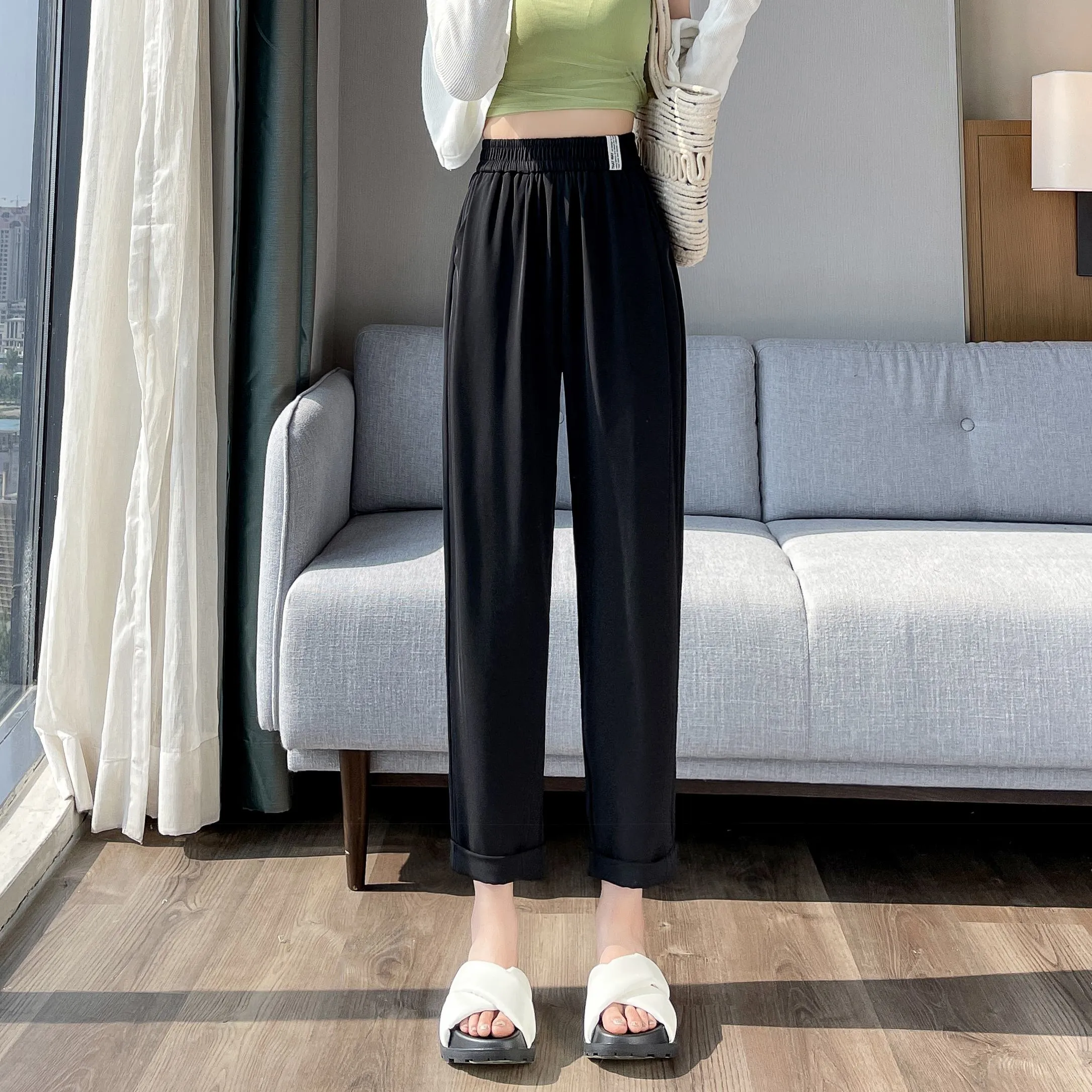 Casual Draping Straight-Leg Silky Harem Ankle Cut Pants