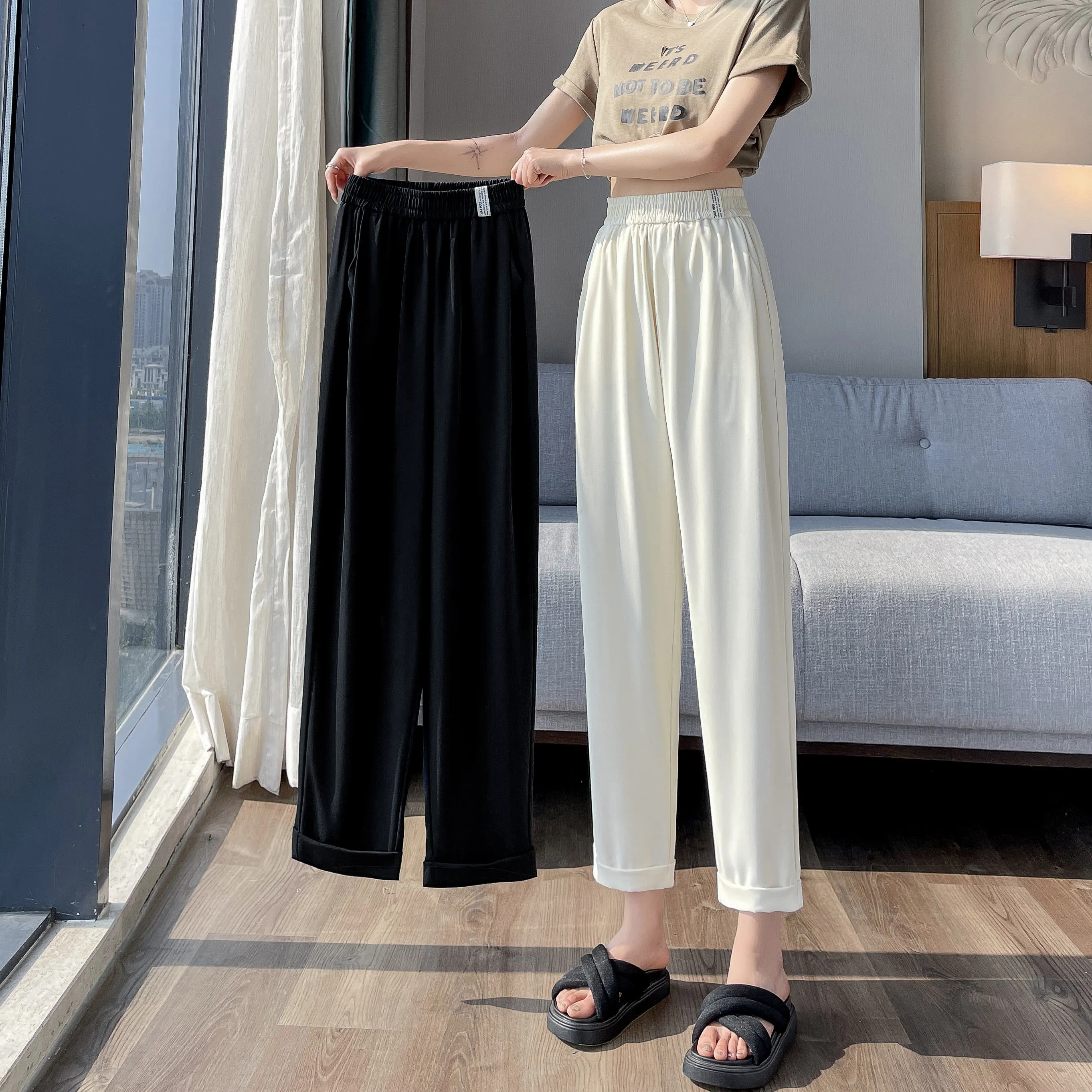 Casual Draping Straight-Leg Silky Harem Ankle Cut Pants