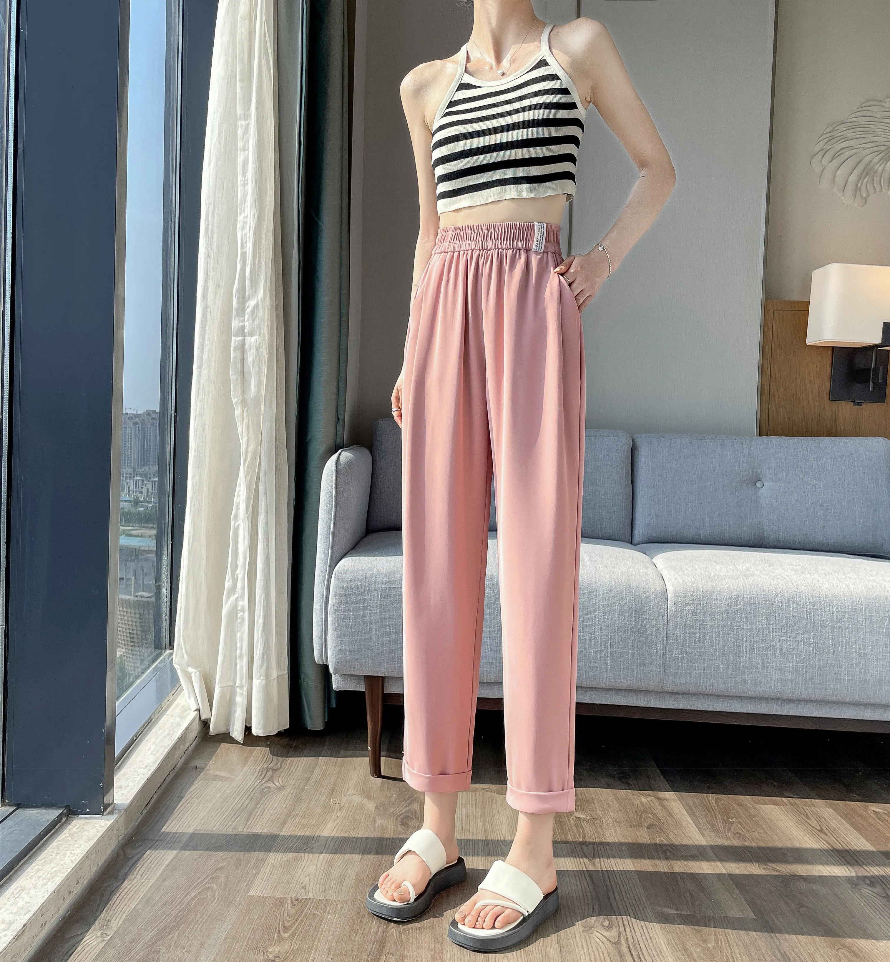 Casual Draping Straight-Leg Silky Harem Ankle Cut Pants