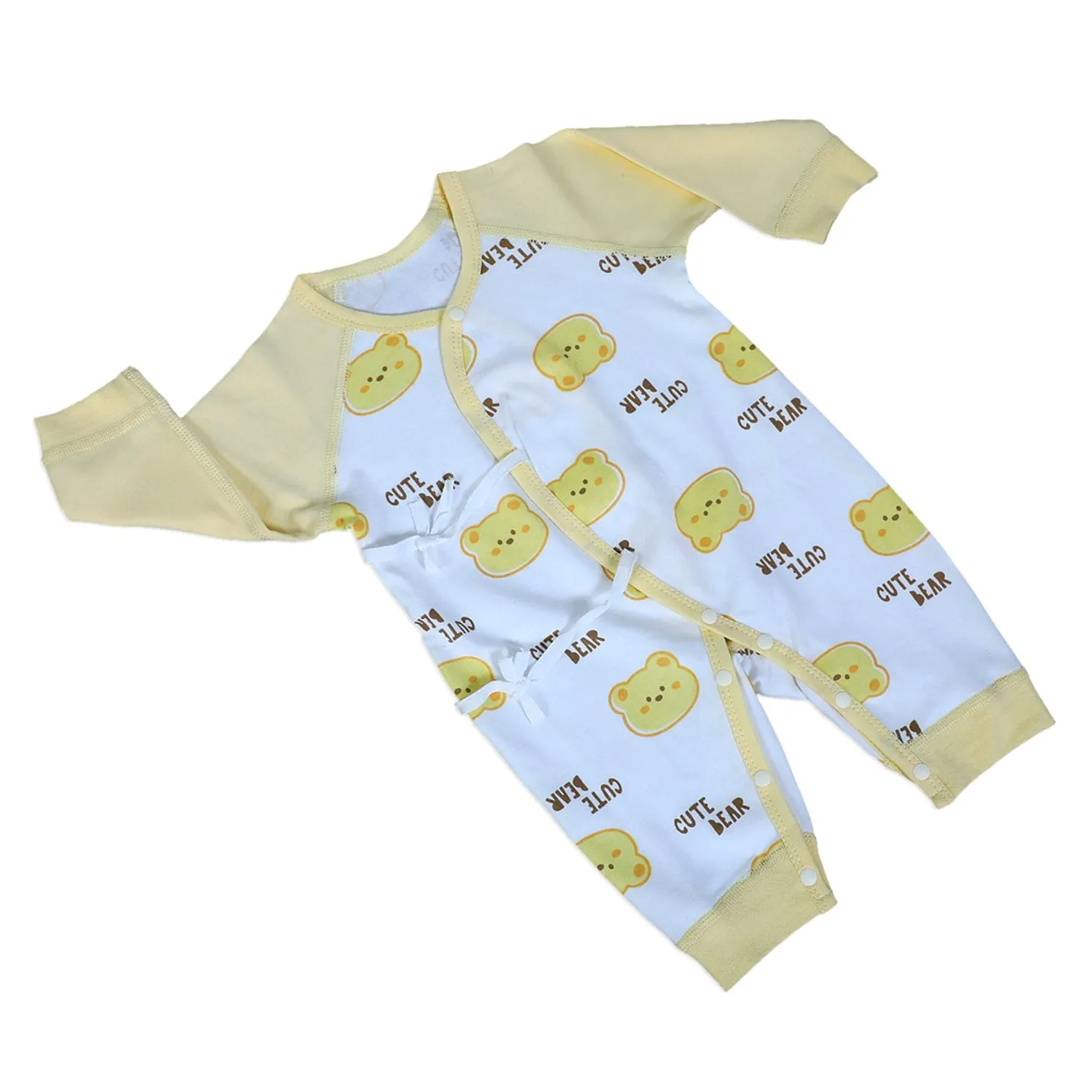 Cute Bear Full Sleeves One-Piece Body Suit With Snap Buttons Tie Knot And Matching Bib - Yellow