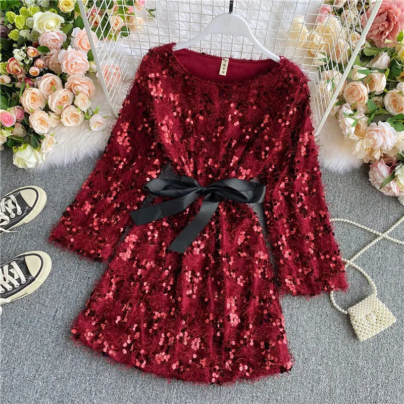 Cute sequins short dress long sleeve fashion dress   S479