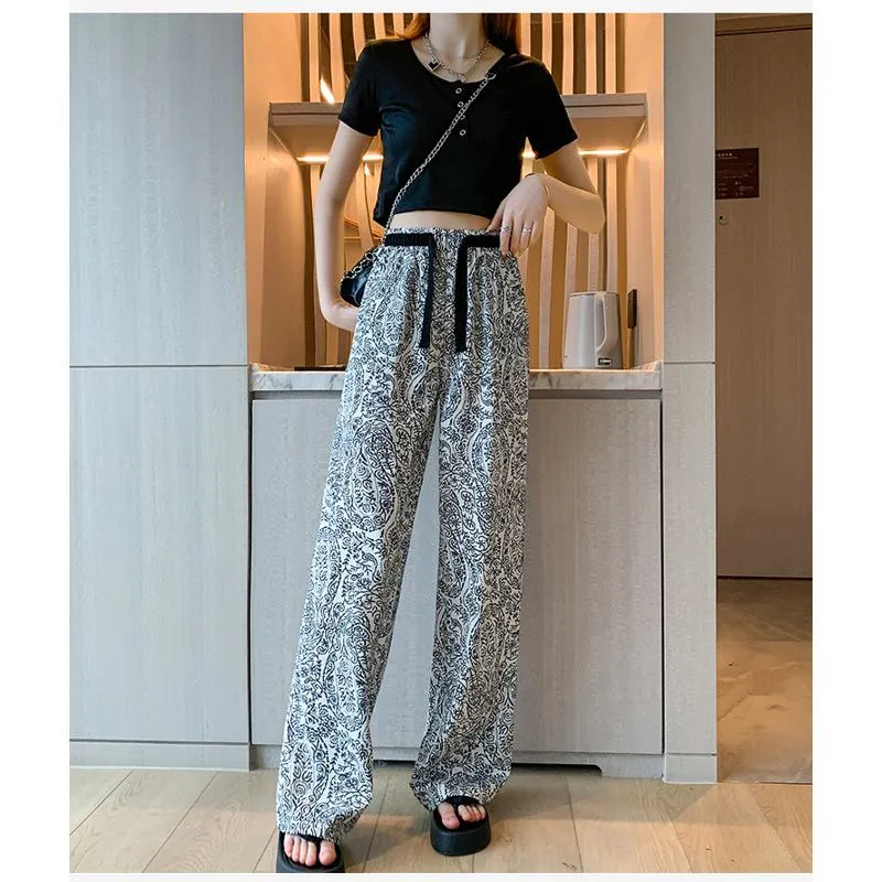 Floor-Length Casual Straight Plus Draping Silky High-Waisted Pants
