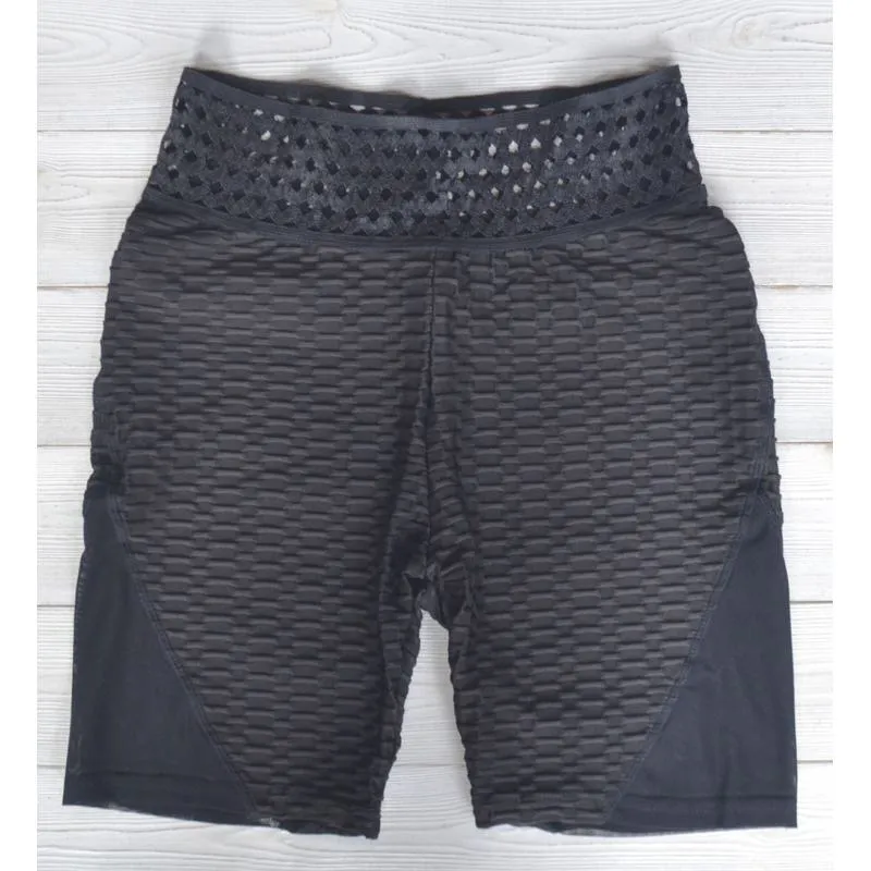High-Waisted Yoga Elasticity Jacquard Weave Pattern Sports Pineapple Hollowed-Out Mesh Sports Shorts