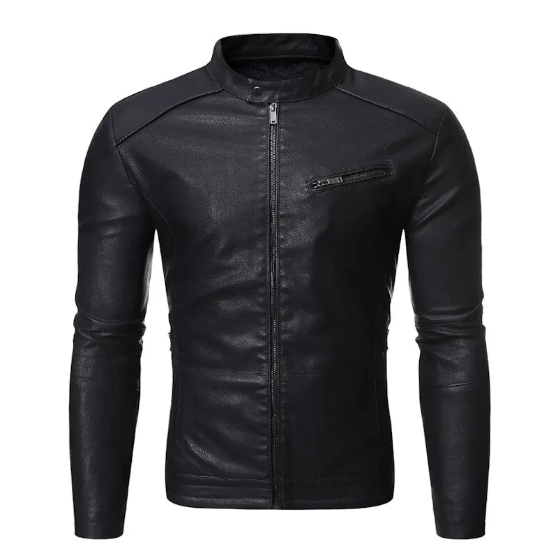 Men Leather Jacket Casual Solid Color fashion Slim Fit Spring