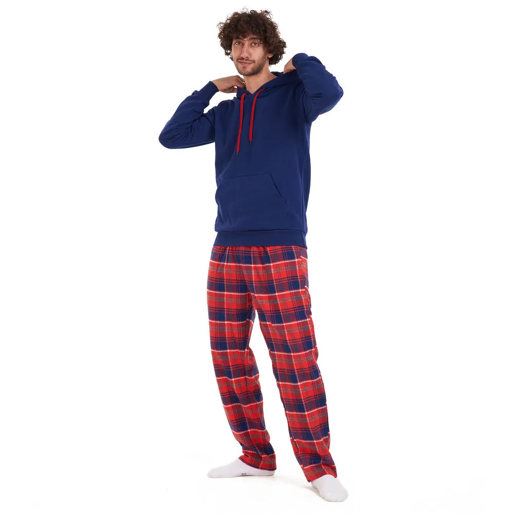 Men Winter Pajama Set Dark blue sweatshirt  Red checkered Pants
