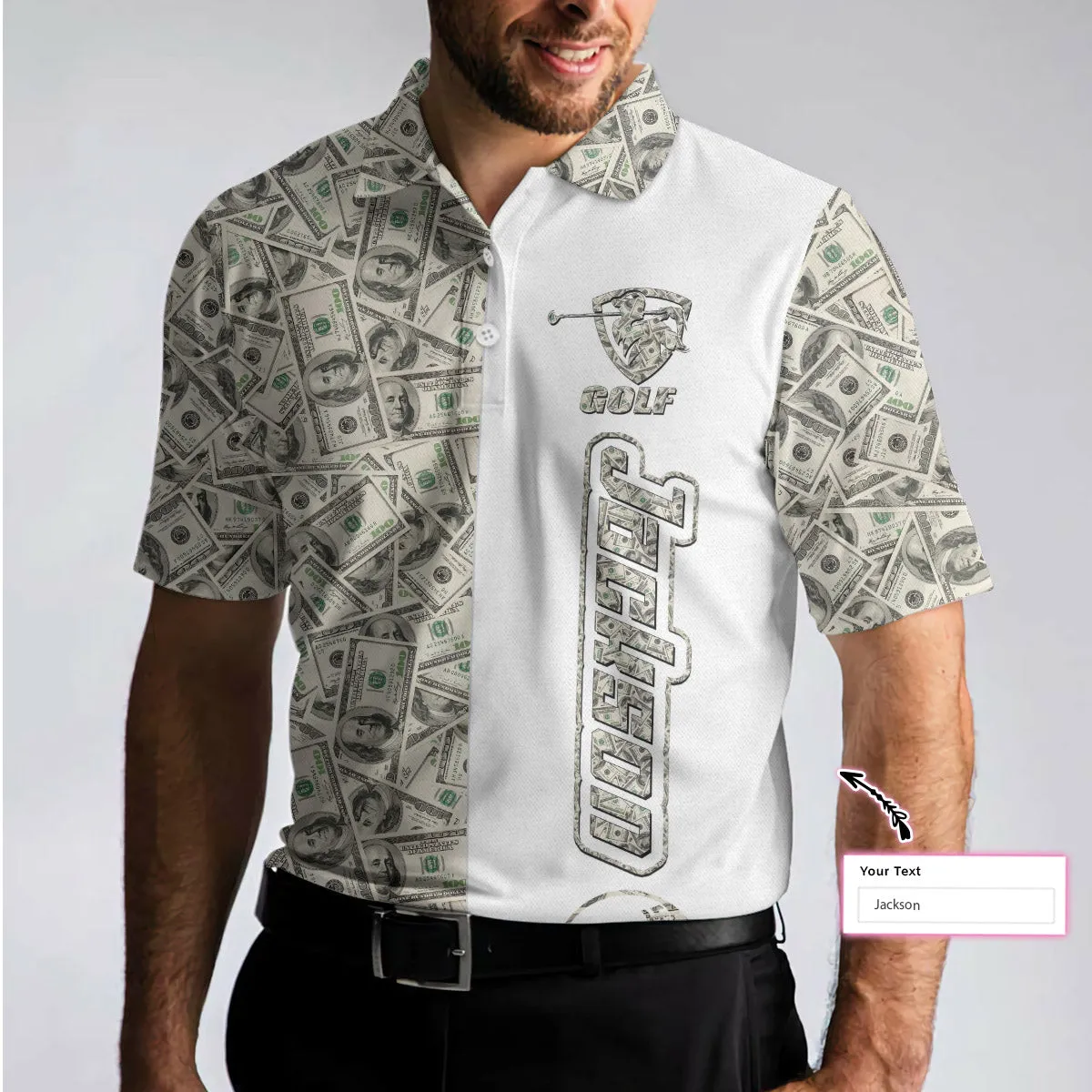 Personalized Dollar Golf Custom Polo Shirt, Dollar Bill Pattern Polo Shirt, Cool Golf Shirt For Men Coolspod