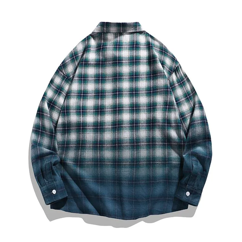Plaid Trendy Casual Workwear Draping Gradient Long Sleeve Shirt