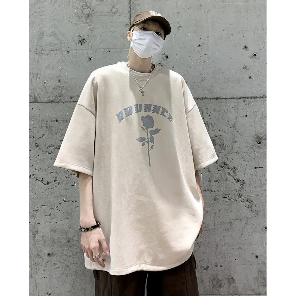 Print Elasticity Round Neck Suede Drop Shoulder Short Sleeve Tee