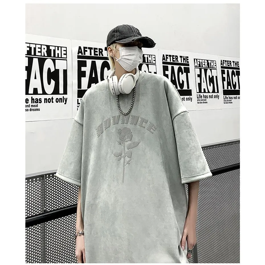 Print Elasticity Round Neck Suede Drop Shoulder Short Sleeve Tee