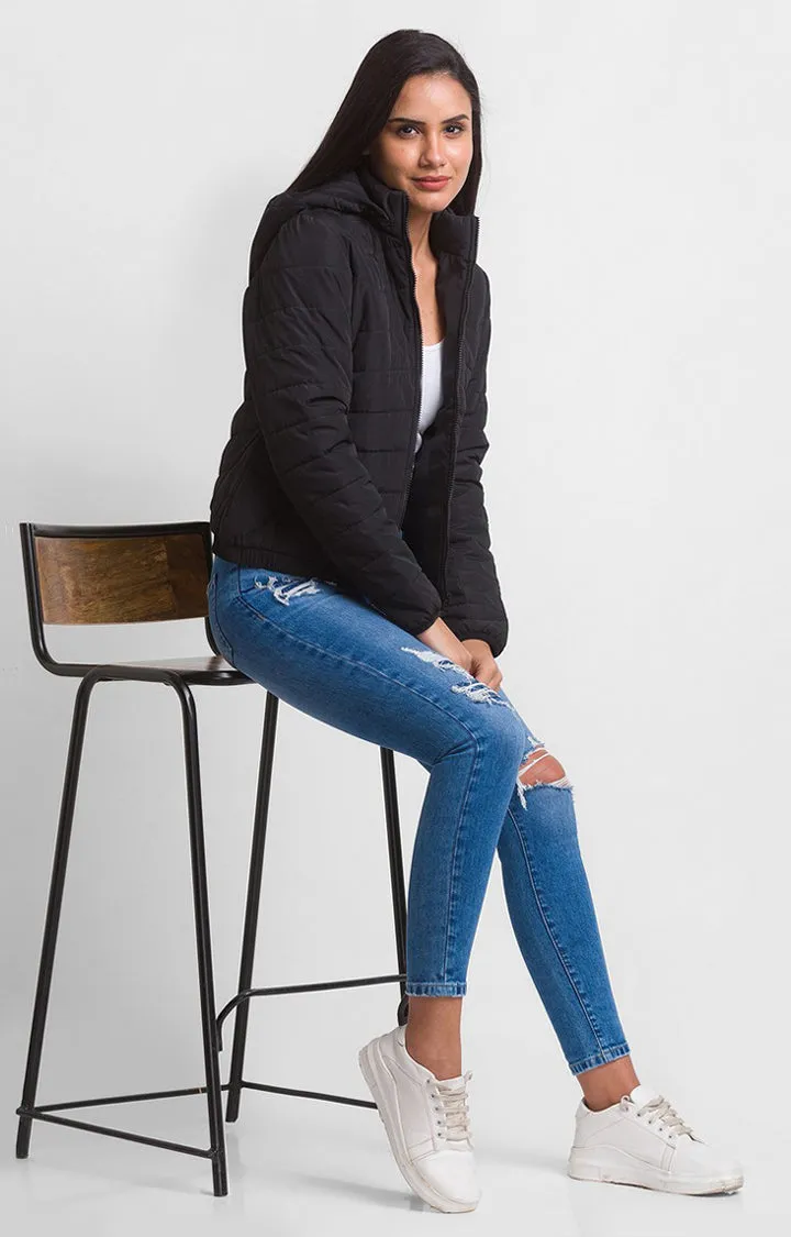 Spykar Black Nylon Full Sleeve Casual Jacket For Women