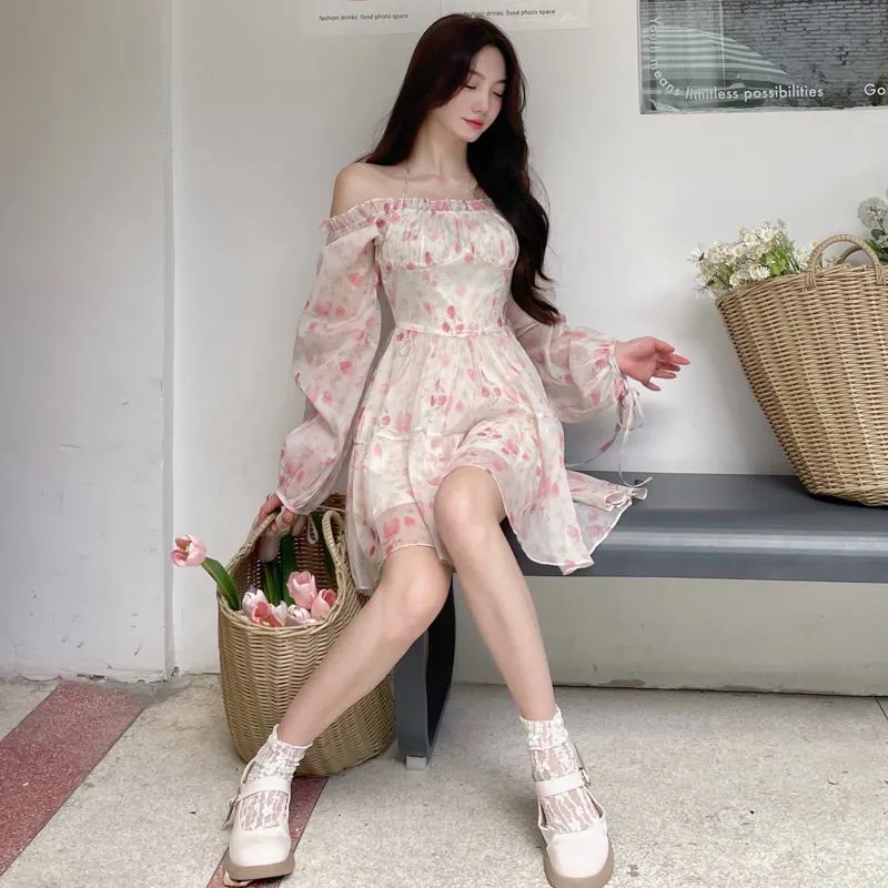 Square Collar Chiffon Off-Shoulder Bubble Sleeve Dress