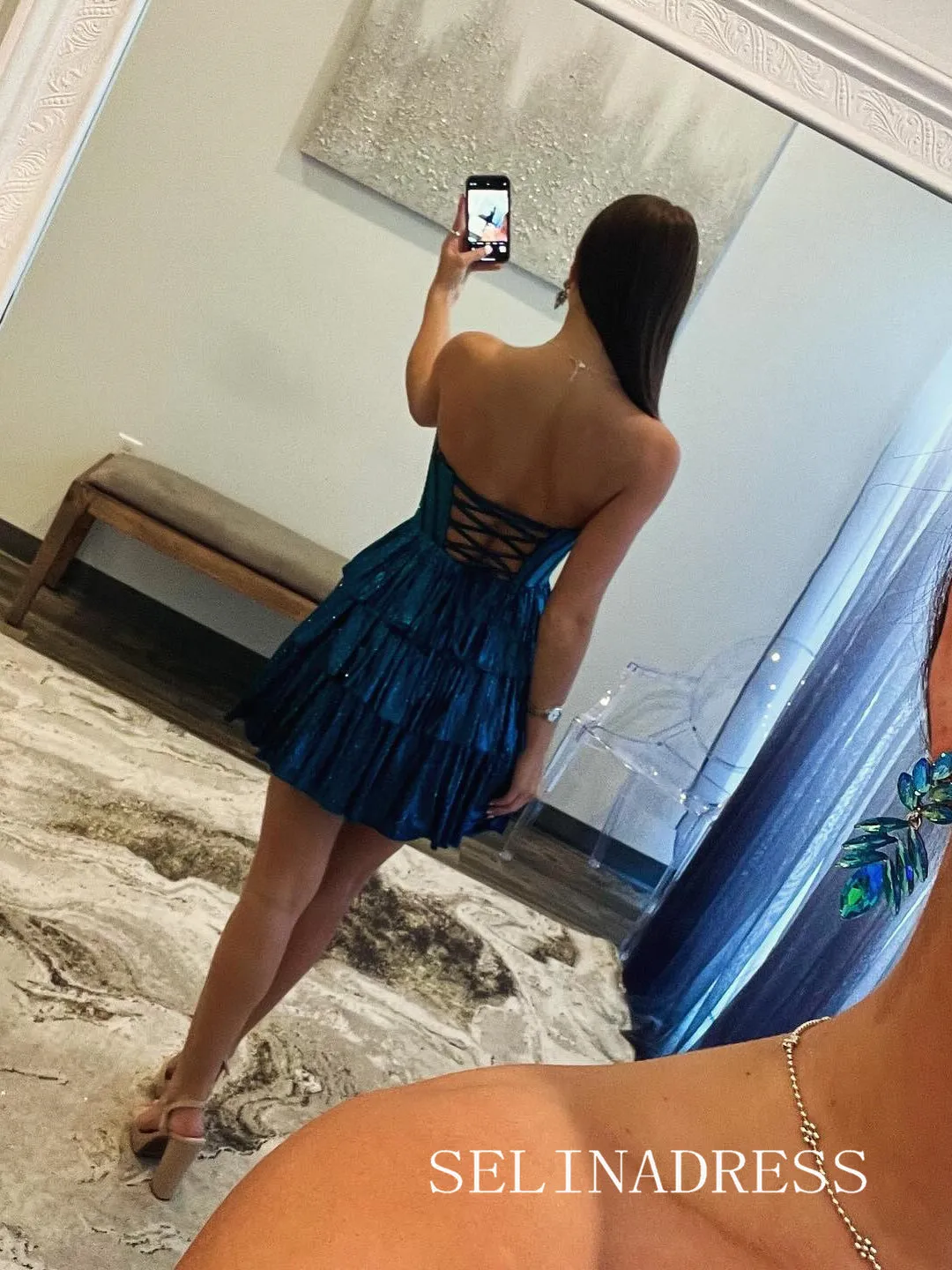Sweetheart Saprkly Short Prom Dress Blue Homecoming Dress EWR428