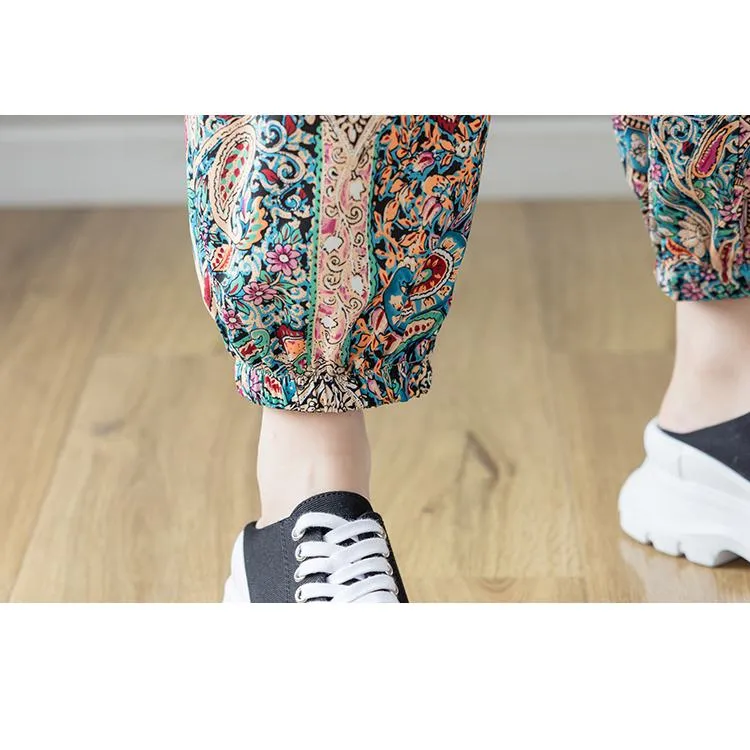 Tapered Cropped Loose Fit Peacock Pattern Retro Lantern Pants