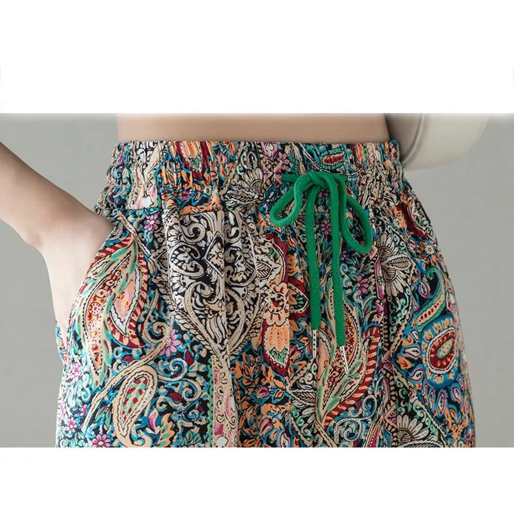 Tapered Cropped Loose Fit Peacock Pattern Retro Lantern Pants