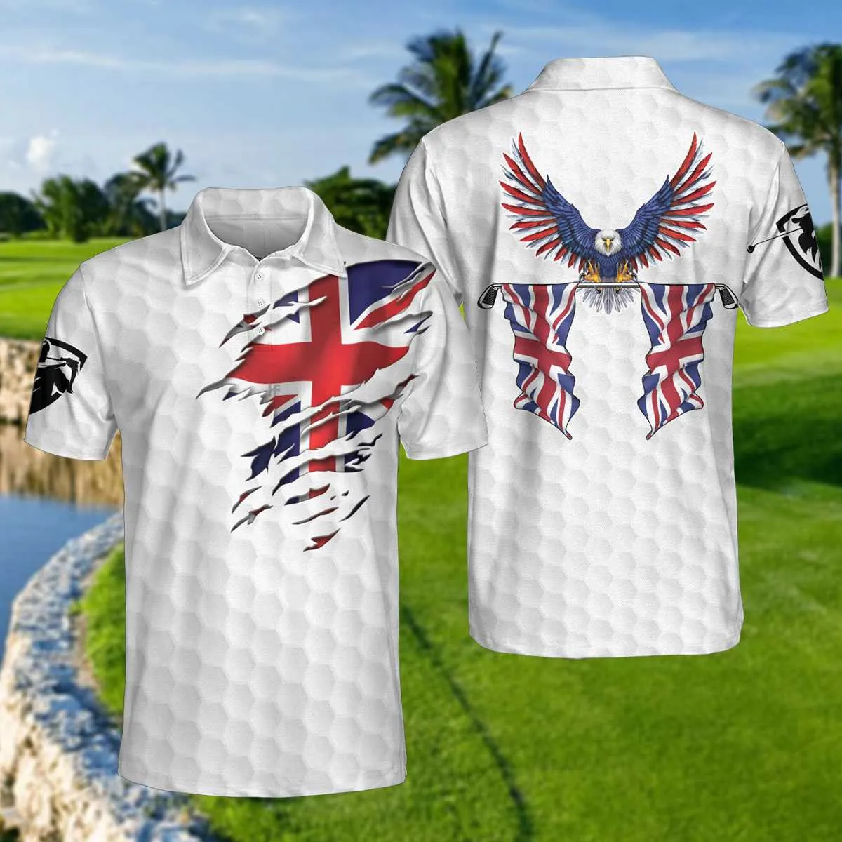 United Kingdom Eagle Flag Polo Shirt, Golf Pattern Ripped Great Britain Jack Polo Shirt, Uk Golf Shirt For Men Coolspod