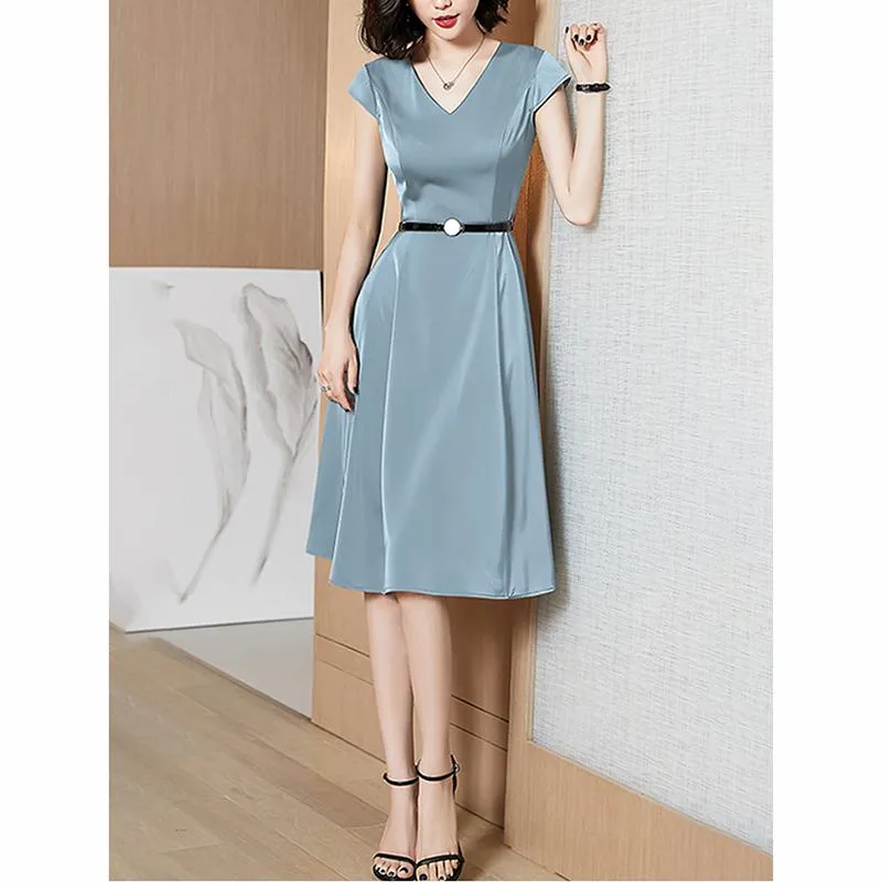 V-Neck A-Line Skirt Belted Slimming Cinched Waist Dress
