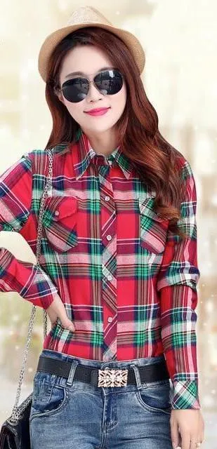 Women Autumn Winter Warm Blouses Tops Blusa Camisa Femininas Cotton Long-sleeve Thick Velvet Plaid Shirt Flannel Shirts Plus XXL (US 8-16)