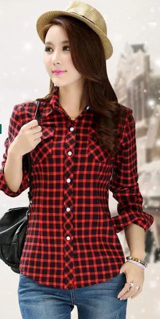Women Autumn Winter Warm Blouses Tops Blusa Camisa Femininas Cotton Long-sleeve Thick Velvet Plaid Shirt Flannel Shirts Plus XXL (US 8-16)