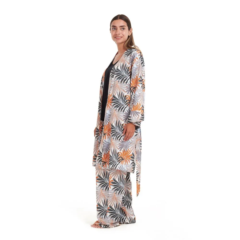 Women summer 3 piece pajama set  Black Top   Colorful flowered kimono & Pants