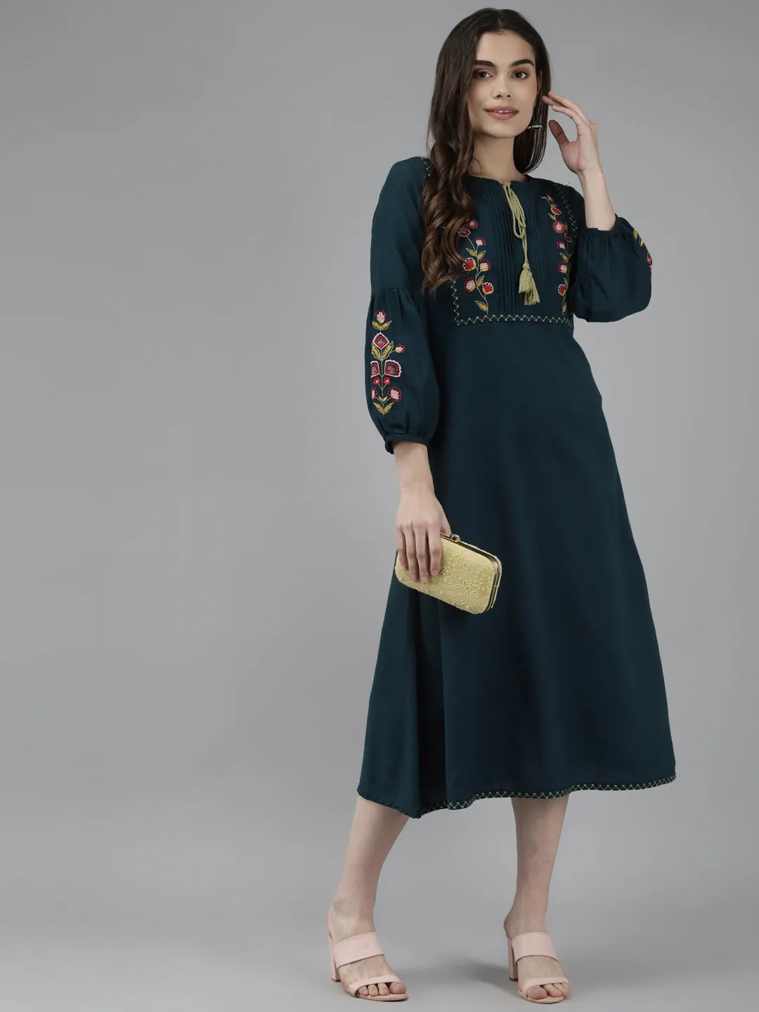 Women Teal Blue & Yellow Pure Cotton Floral A-Line Dress